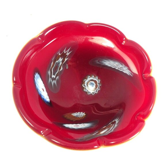 Vintage Mid Century Italian Murano Millefiori Scalloped Art Glass Bowl Red & Whi - Picture 9 of 11